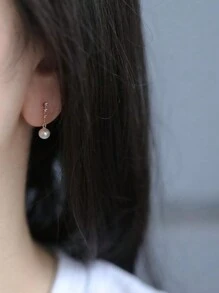 1 对 S925 纯银圆形白珍珠锆石吊坠耳环，优雅设计，适合女性、周年纪念/派对的礼物 - 圓形 - 查看 3