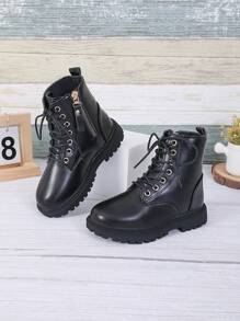 1 paire de bottes de couleur unie pour tout-petites filles, mi-mollet avec laçage et fermeture éclair à l'avant, bout rond, semelle TPR antidérapante, bottes de mode pour l'extérieur, convient aux bébés de 3 à 12 ans, nouveau pour l'automne/l'hiver, pour les vacances, le casual, les fêtes