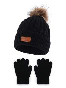 2 件儿童粗针织帽和手套套装、时尚单绒球无檐小便帽、跨境针织帽配人造皮革标签 - 3-6Y - 查看 16