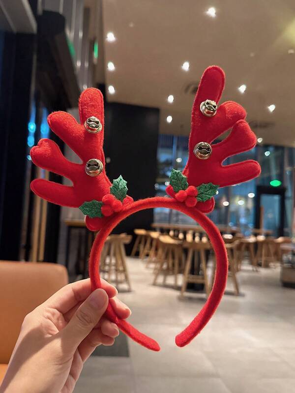 طوق رأس قطعة واحدة بجرس عيد الميلاد وقرون الغزال، أغطية رأس كيوت كروية من الفراء والقرون الحمراء للغزال لديكور حفلة عيد الميلاد