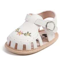Baby Girl Sandals, PU Leather Non-Slip Embroidery Flower Summer Flats Toddler Shoes For Casual Daily - 白色 - 查看 9