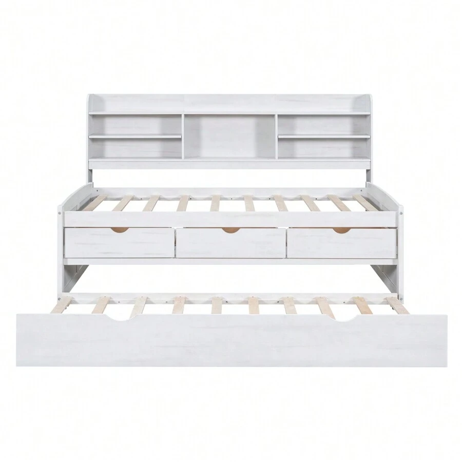 Nordic Solid Wood Double Bed, Wooden BuiltIn Bookshelf, Three Storage