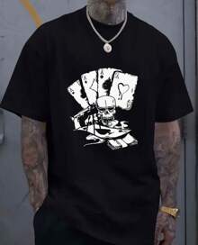 Men's Skull Playing Card T-Shirt 100% Cotton Premium Mesh Shirt - 黑色 - 查看 1