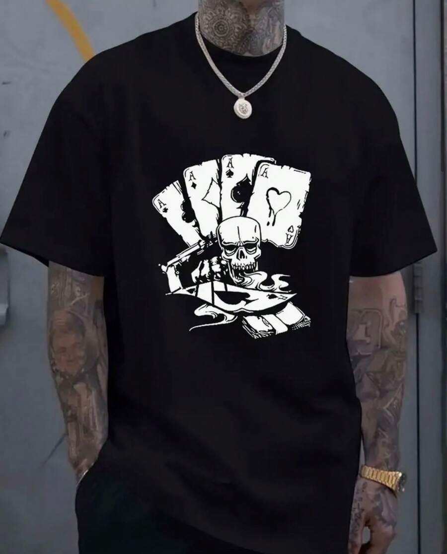 Men's Skull Playing Card T-Shirt 100% Cotton Premium Mesh Shirt - 黑色 - 查看 1