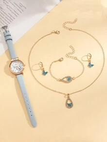 （无盒）5 件套简约时尚青少年圆形表盘皮革表带石英表和蝴蝶手链组合，适合作为生日、万圣节、圣诞节礼物 - 藍色 - 查看 2