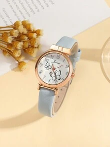 （无盒）5 件套简约时尚青少年圆形表盘皮革表带石英表和蝴蝶手链组合，适合作为生日、万圣节、圣诞节礼物 - 藍色 - 查看 3