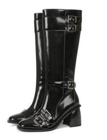 Stylish Women's Knee-High Boots Round Toe Chunky Metal Buckle Punk Gothic Style Comfortable Boots For Ladies - 黑色 - 查看 3
