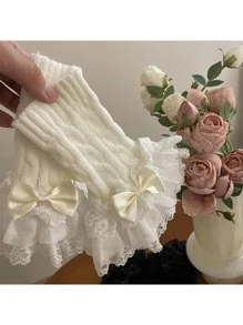 1pair Y2K Lace Ruffle Bow Decor Knit Cable Net Arm Warmers, Cute Girl Style, Suitable For Daily Use - Bow Lace Style - View 4