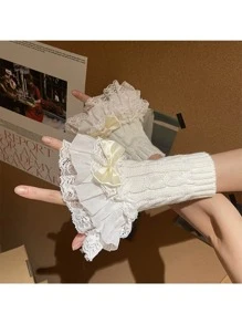 1pair Y2K Lace Ruffle Bow Decor Knit Cable Net Arm Warmers, Cute Girl Style, Suitable For Daily Use - Bow Lace Style - View 3