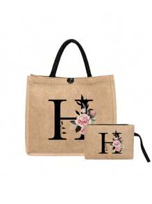 两件套亚麻手提袋，包括一个印有 A-Z 字母的大号手提袋和一个小号字母手提袋，适合海滩、多用途携带、可重复使用购物、个性化礼物、母亲节礼物 - 黄色亚麻黑色手提袋 - 卡其色 - 查看 13