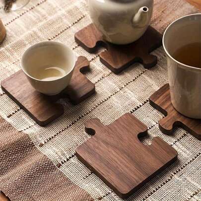 4pcs Retro Black Walnut Wood Coasters - Puzzle Shape Wooden Cup Mat For Drinks, Coffee, Suitable As , Valentine's Day, Father's Day Gifts (Each Wooden Item May Have Slight Color Variations) Birthday Graduation