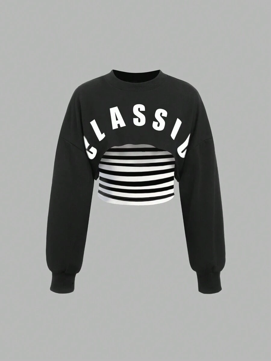 Striped Strapless&Letter Print Loose Short Sweatshirt - Black - View 1