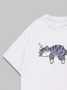 Sleepy Kitten Print T-Shirt Casual Comfort Short Sleeve Premium Unisex