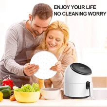 100 pezzi Fogli di carta pergamena forati per vaporiera in bambù, 100% polpa di legno naturale non candeggiata, filtri rotondi impermeabili e antiaderenti, adatti per friggitrice ad aria, forno, microonde - Bianco - Visualizzare 11