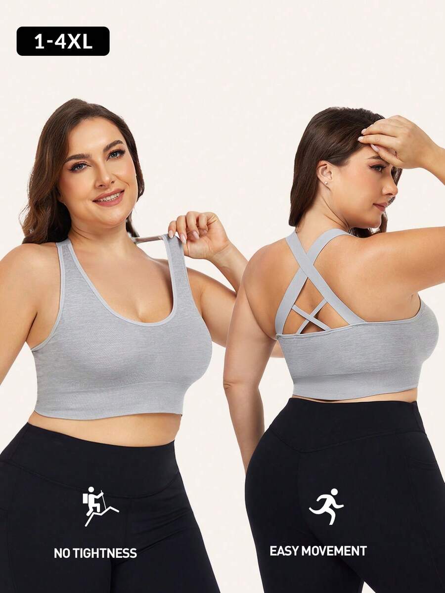大码女式交叉后背防震运动胸罩，无钢圈，适合瑜伽、跑步、舒适健身胸罩 - 灰色 - 查看 1