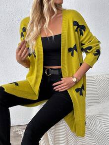 Women's Casual Butterfly Pattern Drop Shoulder Cardigan, Fall/Winter - Green - View 6