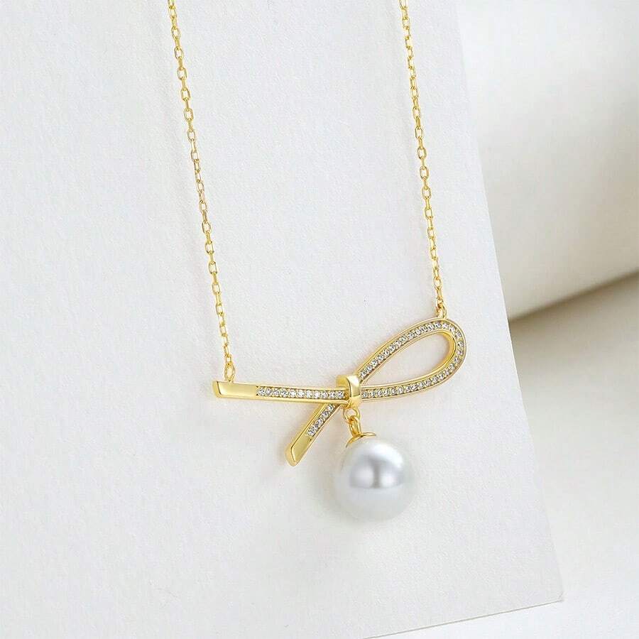 ALICE 1 件 S925 纯银蝴蝶结珍珠吊坠项链，优雅奢华颈链，适合送给女朋友的礼物 - 黃色 - 查看 1