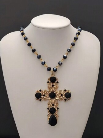 1pc Gothic Style Artificial Crystal Black Cross Pendant Necklace, Baroque Bohemian Style For Women