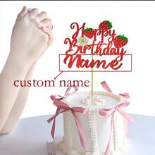 1pc Personalized Birthday Cake Hat, Customizable Nameplate Cake Top Decor, Double-Sided Glitter Card With Strawberry Element
