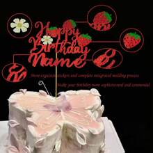 1pc Personalized Birthday Cake Hat, Customizable Nameplate Cake Top Decor, Double-Sided Glitter Card With Strawberry Element