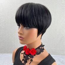 Tóc giả cắt pixie thanh lịch cho phụ nữ, 100% tóc thật, kiểu tóc ngắn nhiều lớp, tóc thẳng, mũ lưới hoa hồng, mật độ 150%, làm bằng máy, dành cho phụ nữ châu Phi, tóc giả không keo làm quà tặng tình yêu, ngày lễ tình nhân, sử dụng hàng ngày - Tự nhiên & Đen - Xem 3