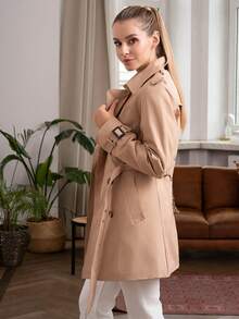 Dwurzędowy płaszcz midi z klapami w paski dla kobiet, wzór z guzikami w panterkę, klasyczny elegancki styl, wygodny na każdy mecz, brytyjski styl