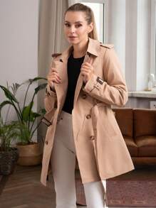 Dwurzędowy płaszcz midi z klapami w paski dla kobiet, wzór z guzikami w panterkę, klasyczny elegancki styl, wygodny na każdy mecz, brytyjski styl