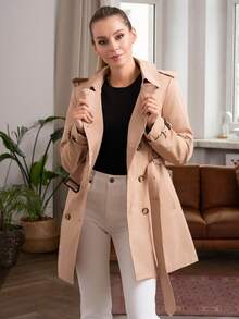 Dwurzędowy płaszcz midi z klapami w paski dla kobiet, wzór z guzikami w panterkę, klasyczny elegancki styl, wygodny na każdy mecz, brytyjski styl