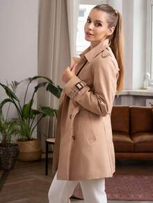 Dwurzędowy płaszcz midi z klapami w paski dla kobiet, wzór z guzikami w panterkę, klasyczny elegancki styl, wygodny na każdy mecz, brytyjski styl