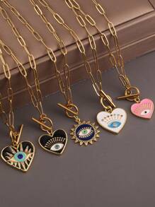 1 pieza Collar con colgante de ojo y corazón con cadena de cierre de acero inoxidable, joyería de moda para mujer, regalo de Halloween, San Valentín, mamá, madre, Día de la Madre