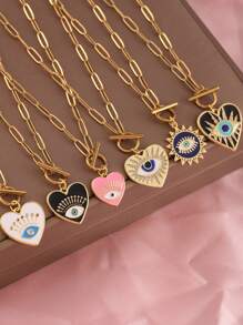 1 pieza Collar con colgante de ojo y corazón con cadena de cierre de acero inoxidable, joyería de moda para mujer, regalo de Halloween, San Valentín, mamá, madre, Día de la Madre