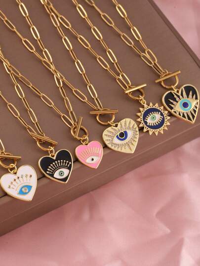 1pc Stainless Steel OT Clasp Chain Necklace With Eye & Heart Pendant, Women Fashion Jewelry, Halloween Gift Valentines,Mom,Mother,Mother's Day,Gift