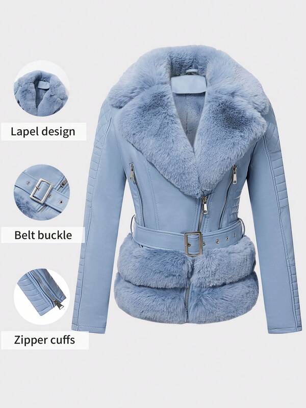 معطف نسائي من الجلد الاصطناعي مع نمط الفو فرو الأنيق، حزام، و أسلوب قديم دافئ - مثالي للموسم الخريفي والشتوي