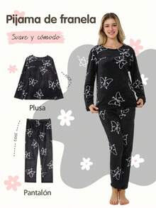 2Sets Conjunto de Pijamas Polar para Mujeres Mayoreo, Pijama de Invierno Grueso y Abrigado ,Cómodos y Relajados - Blanco y Negro - Ver 8