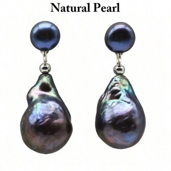 1pair 925 Sterling Silver 13-14mm Natural Cultured Baroque Freshwater Pearl Earrings, Black Pearl Eardrop Earrings Gift For Men & Women