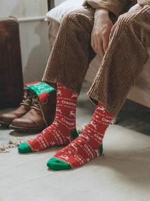 2 Pairs Unisex Cartoon Santa Claus & Reindeer Socks, Christmas Gift For Family And Couples, Red And Green - Multicolor - View 3