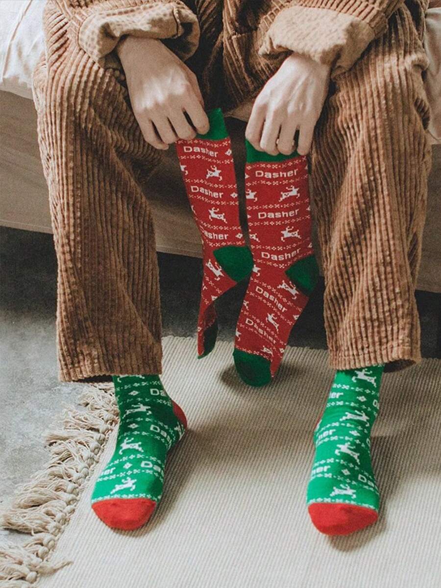 2 Pairs Unisex Cartoon Santa Claus & Reindeer Socks, Christmas Gift For Family And Couples, Red And Green - Multicolor - View 1