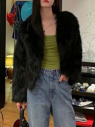 Black Thick Long Pile Fluffy Short Jacket, Winter