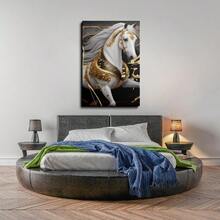 1pc Framed Modern Animal Art Deco Style Print Oil Painting, White Horse In Gold Dress Wall Art, Artwork Wall Painting For Bathroom Bedroom Office Modern Living Room Kitchen Wall Decor Oblong Wall Art - White - View 3