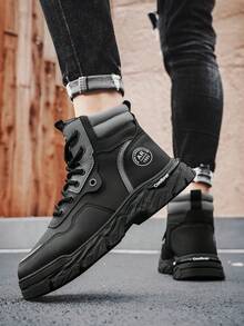男士高帮休闲靴、时尚运动鞋、工作鞋、鞋子、运动鞋、旅游鞋、圆头踝靴、秋冬 - 黑色 - 查看 6