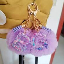 Adorable Glitter Initial Pompom Keychain - Sparkling Resin Alphabet Pendant With Fluffy Letter Charm For Girls' Bags, Backpacks, And Accessories - Personalized Idea For Teens And Young Ladies Halloween Accessories Teachers Day Christmas Gift Ideas Bag Accessories Lanyards With Id Holder Car Accessories Bag Charms