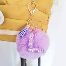 Adorable Glitter Initial Pompom Keychain - Sparkling Resin Alphabet Pendant With Fluffy Letter Charm For Girls' Bags, Backpacks, And Accessories - Personalized Idea For Teens And Young Ladies Halloween Accessories Teachers Day Christmas Gift Ideas Bag Accessories Lanyards With Id Holder Car Accessories Bag Charms