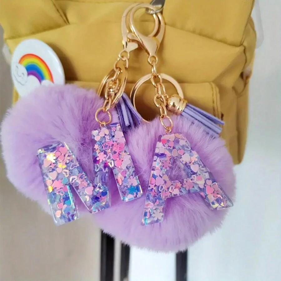 Adorable Glitter Initial Pompom Keychain - Sparkling Resin Alphabet Pendant With Fluffy Letter Charm For Girls' Bags, Backpacks, And Accessories - Personalized Idea For Teens And Young Ladies Halloween Accessories Teachers Day Christmas Gift Ideas Bag Accessories Lanyards With Id Holder Car Accessories Bag Charms