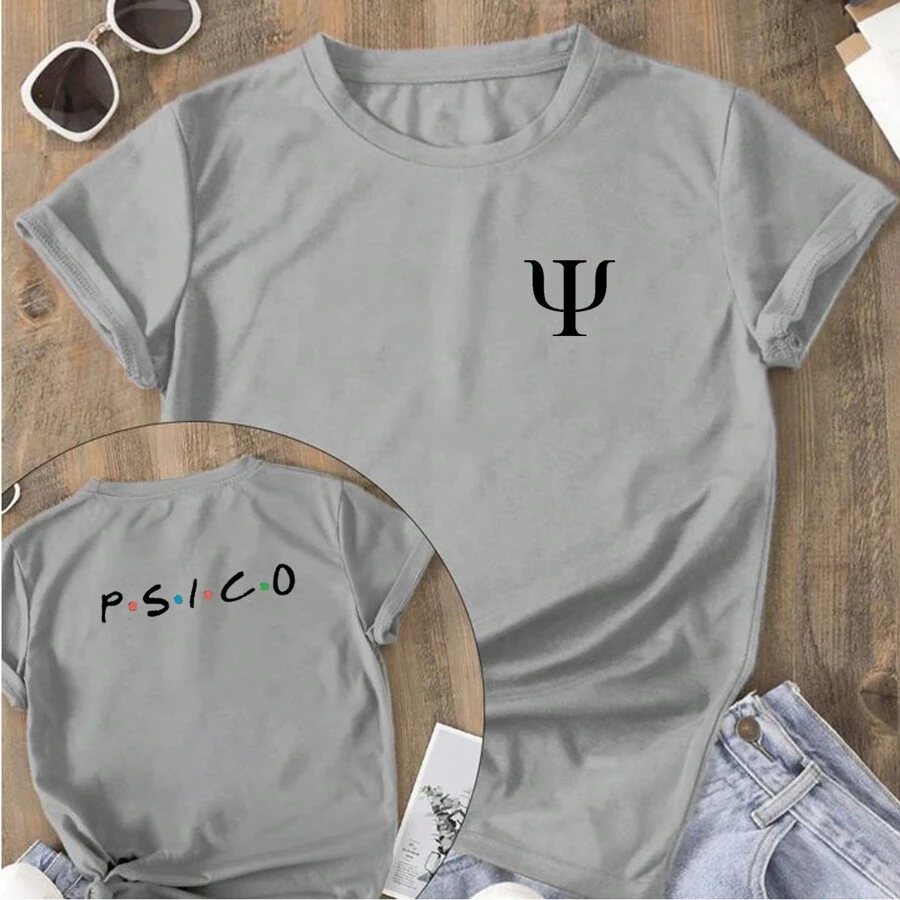 Women's T-Shirt Front And Back Printed T-Shirt Psycho Psychology College Profession Various Colors 100% Cotton - Xám - Xem 1