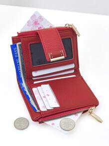 新款女士短款钱包精致柔软 PU 双折拉链零钱包卡包简约轻便设计卡片钱包卡包女士礼物钱包钱包小钱包 - 紅色 - 查看 5