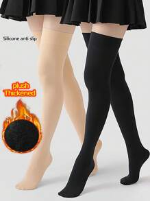 加厚保暖硅胶防滑袜，弹力十足，专为高个女性设计，显瘦不透明过膝长袜，暖黑色/肤色，柔软舒适，适合秋冬季节，温暖舒适 - 杏色 - 查看 13