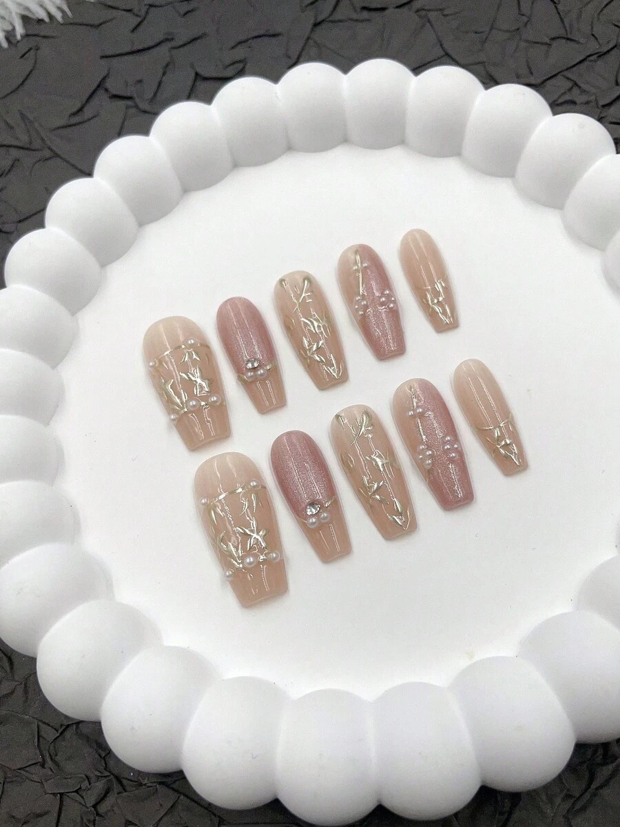 10 件可穿戴美甲实拍旗袍新中式共和复古优雅高端民族风格可穿戴指甲美甲设计日常使用和节日派对礼物配女生美甲用品 - 彩色 - 查看 1