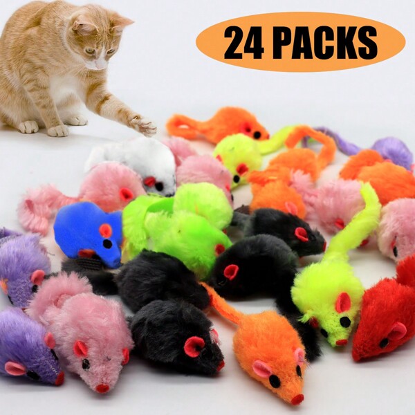 24 Stücke/Set realistische Plüschkatzen- und Maus-Spielsachen, interaktive Spielzeuge für Katzen, leuchtende Farben, zufällige Farbe