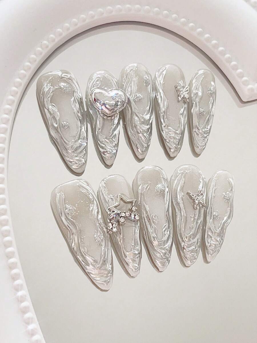 10pcs Silver Metallic Liquid Metal Nail Art Stickers, Almond Shaped
