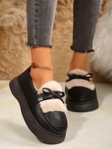 Dép giữ nhiệt chống thấm nước cho nữ, đế dày ấm áp trong nhà, giày mùa đông ngoài trời chống trượt, nơ nhung sang trọng - màu đen - Xem 4